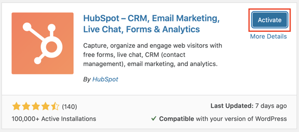 HubSpot and WordPress: Activating the plugin